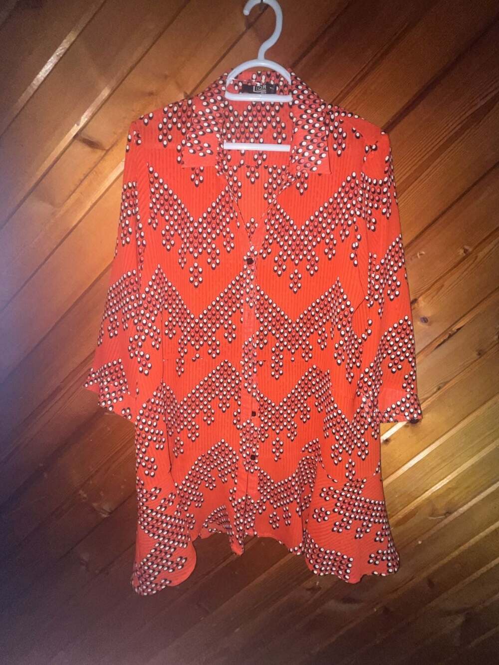 LIOR Paris Orange Geometric Print Long Sleeve Button Down Shirt Dress Size M